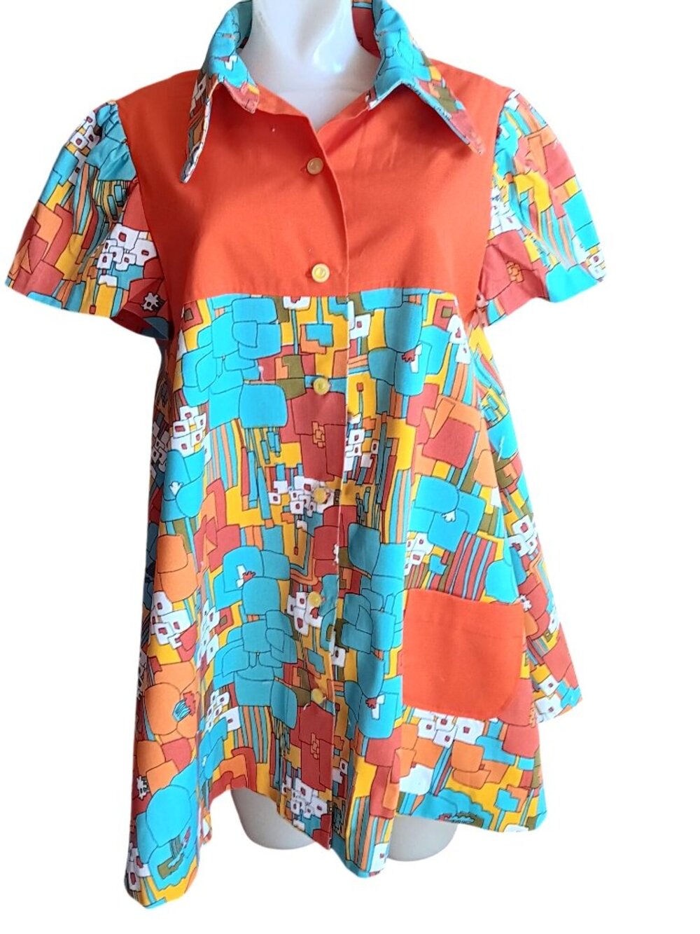Medium True Vintage 1960's Dress Max Abstract Print Frock Top Dayglo Orange Mod